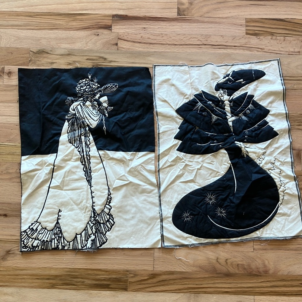 Aubrey Beardsley 1960s Art Nouveau Panels with embroidery outlining